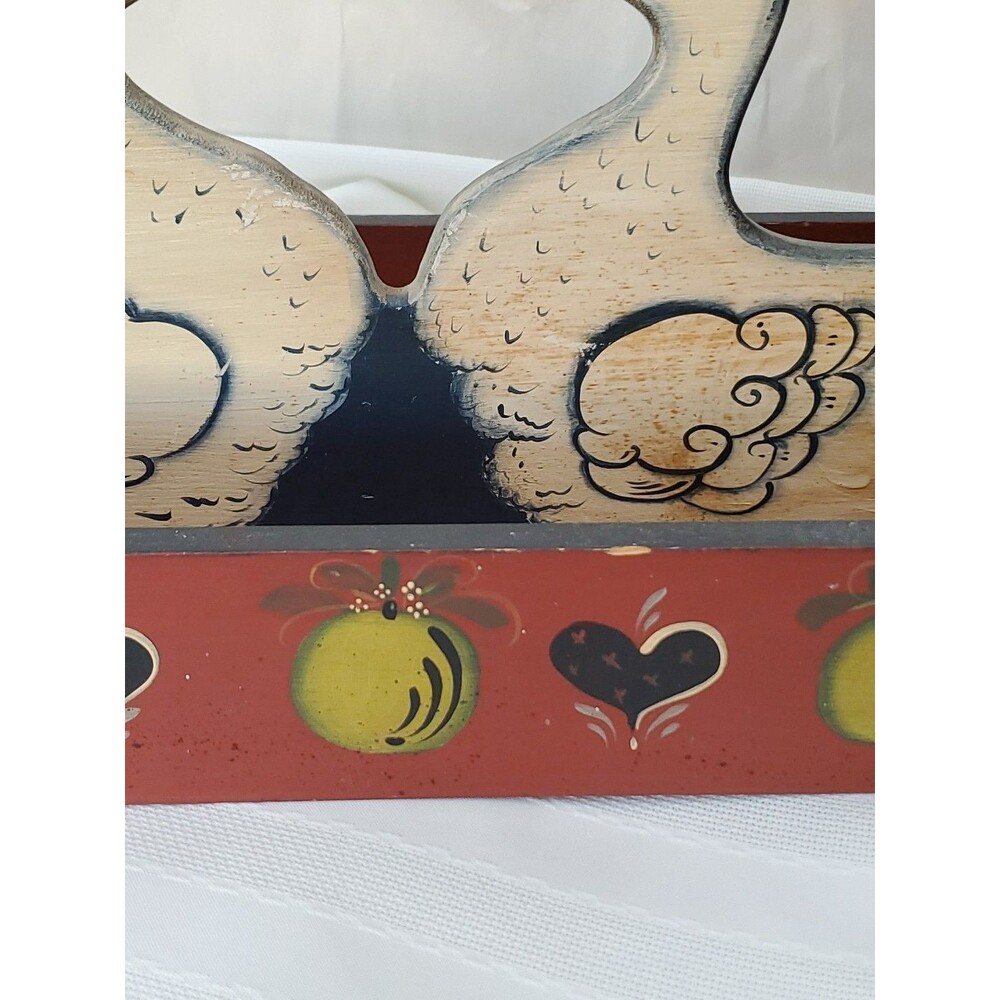 Vntg. Wood Basket Kissing Ducks/Divided/Hand Painted/Hearts/Fruit/GrandmaCore/80 - Picture 15 of 16